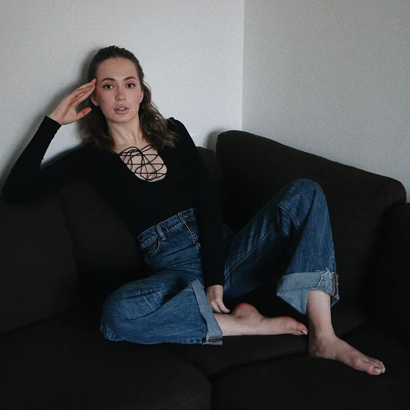 Spring and Autumn New Y2k Women's Deep V Sexy Strap Jumpsuit Hollow Black Slim-fitting Sexy Long-sleeved Top Fashion Blouse