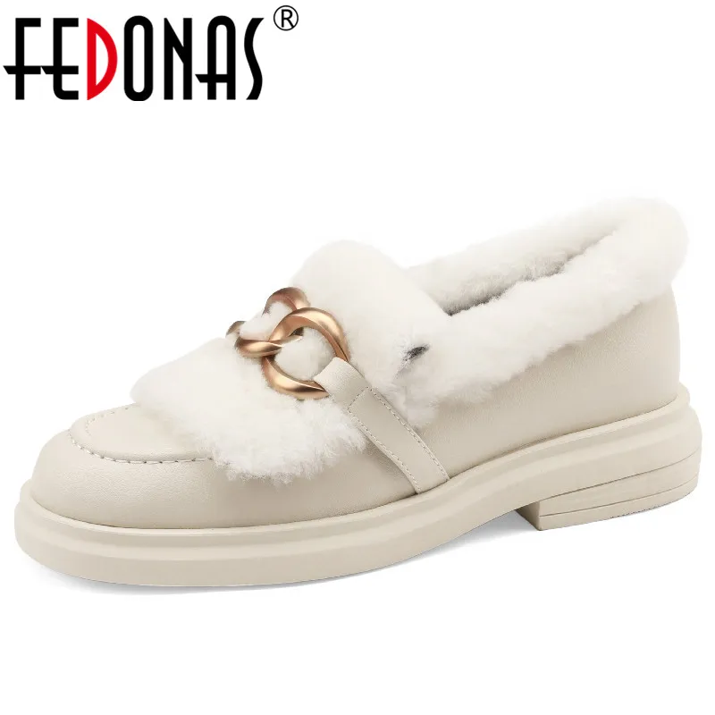 

FEDONAS New Arrival Women Pumps Autumn Winter Warm Genuine Leather Low Heels Office Ladies Casual Wool Decoration Shoes Woman