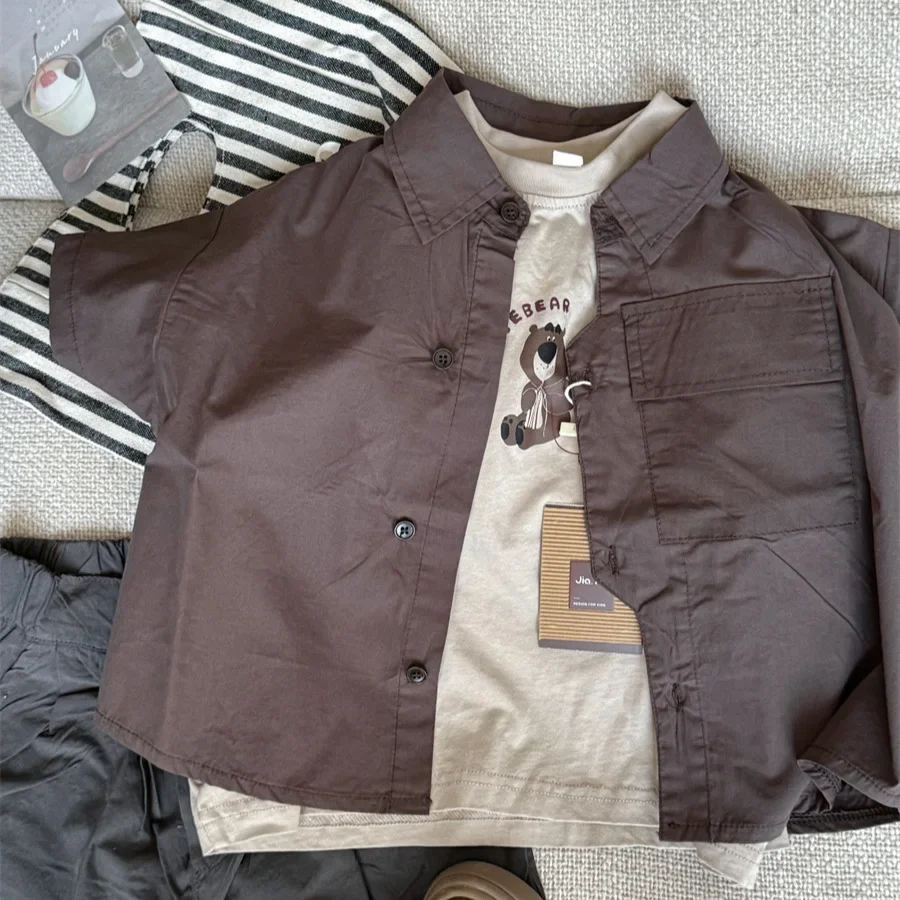 New Hot Sale Of The Season Cotton Short Sleeve Shirt for Children Boys Girls Baby Wilderness System Pocket Half Sleeve Blouse Ki