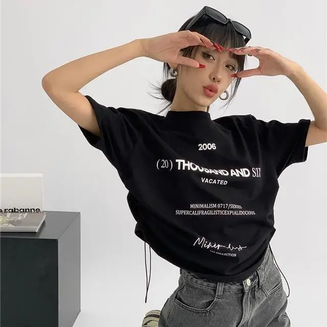 

Fashion Korean Personality Cute Light Gray Printed T-shirt American Style 2024 Women's Summer New Y2K Half-sleeved Tops