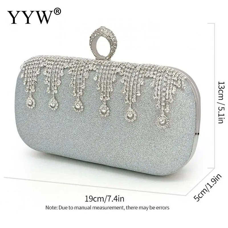 Luxury Silver Glitter Diamond Evening Clutch Handbag Shiny Rhinestone Ring Holder Matte Women Messenger Purse Metal Chain Bag