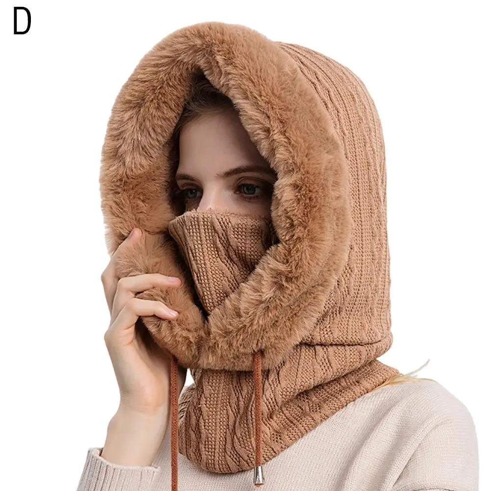 Winter Fur Cap Mask Set Hooded for Women Knitted Cashmere Neck Warm Balaclava Ski Windproof Hat Thick Plush Fluffy_voghion.com
