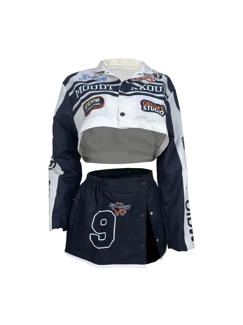 Description Picture 4 of itemWomen Motorcycle Jacket Two Ways To Wear Street Y2K Clothes Print Vintage Dismountable Autumn Winter Coats 2 Piece Set