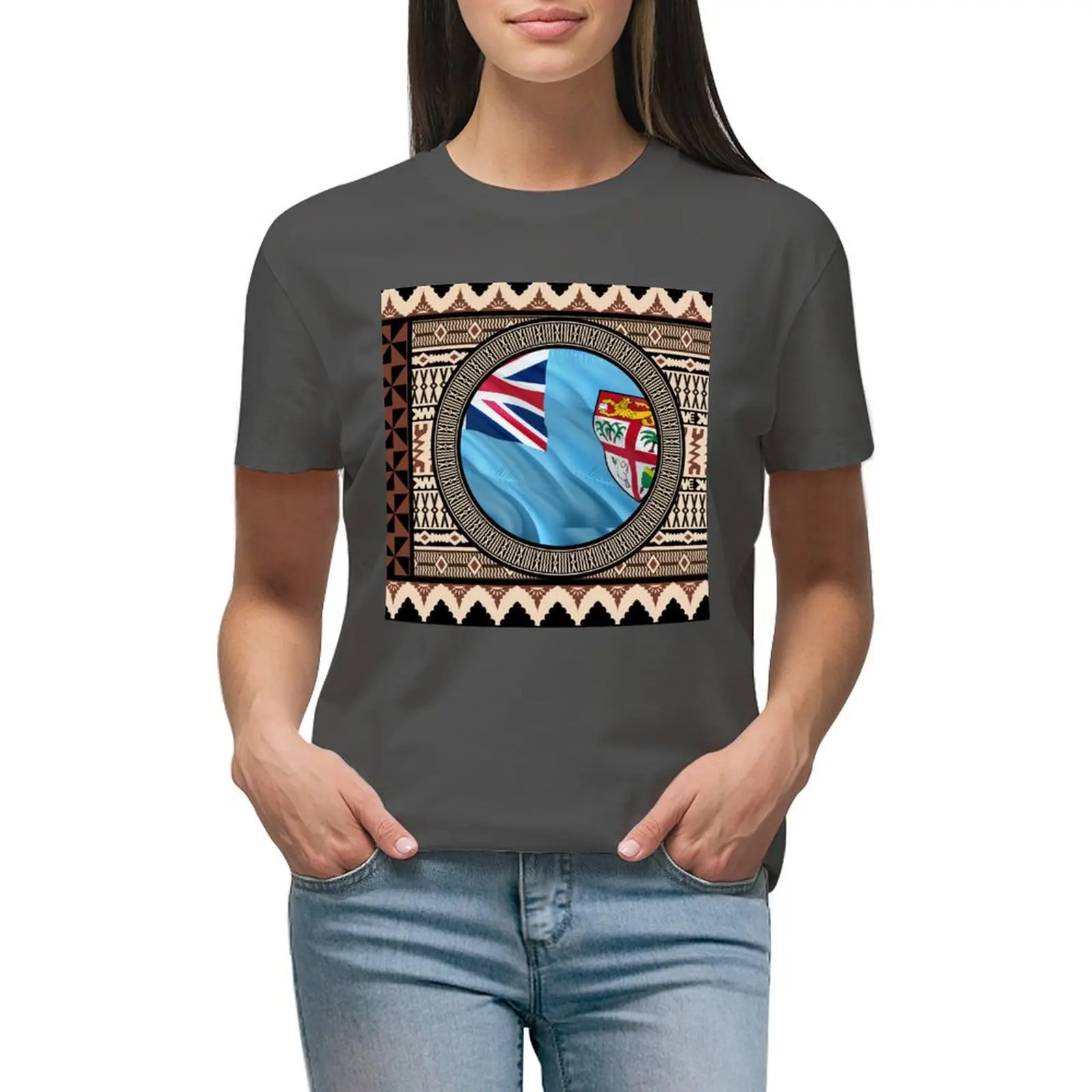 

Fiji Flag Masi Print Authentic Tapa T-shirt kawaii clothes graphics Women's t-shirt