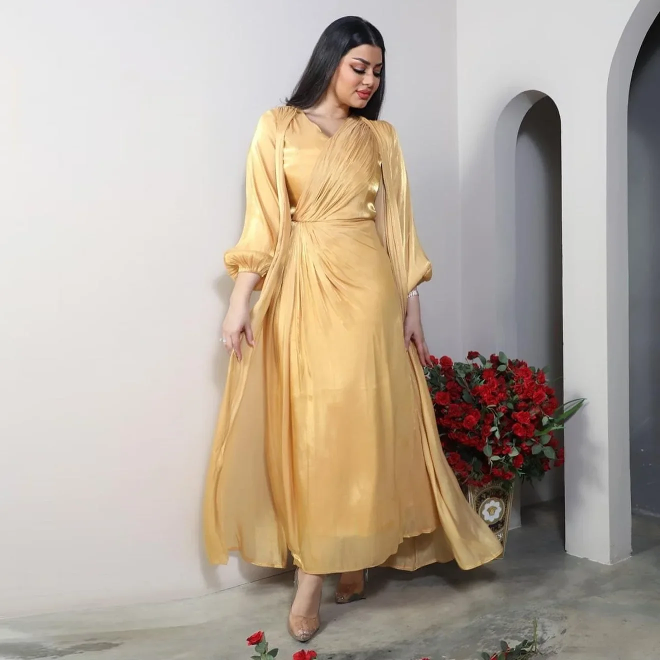 Morocco Muslim Party Dress Women Abaya 2 Piece Set Silky Satin Dubai Evening Dresses Eid Kaftan Long Robe Vestidos Abayas Islam