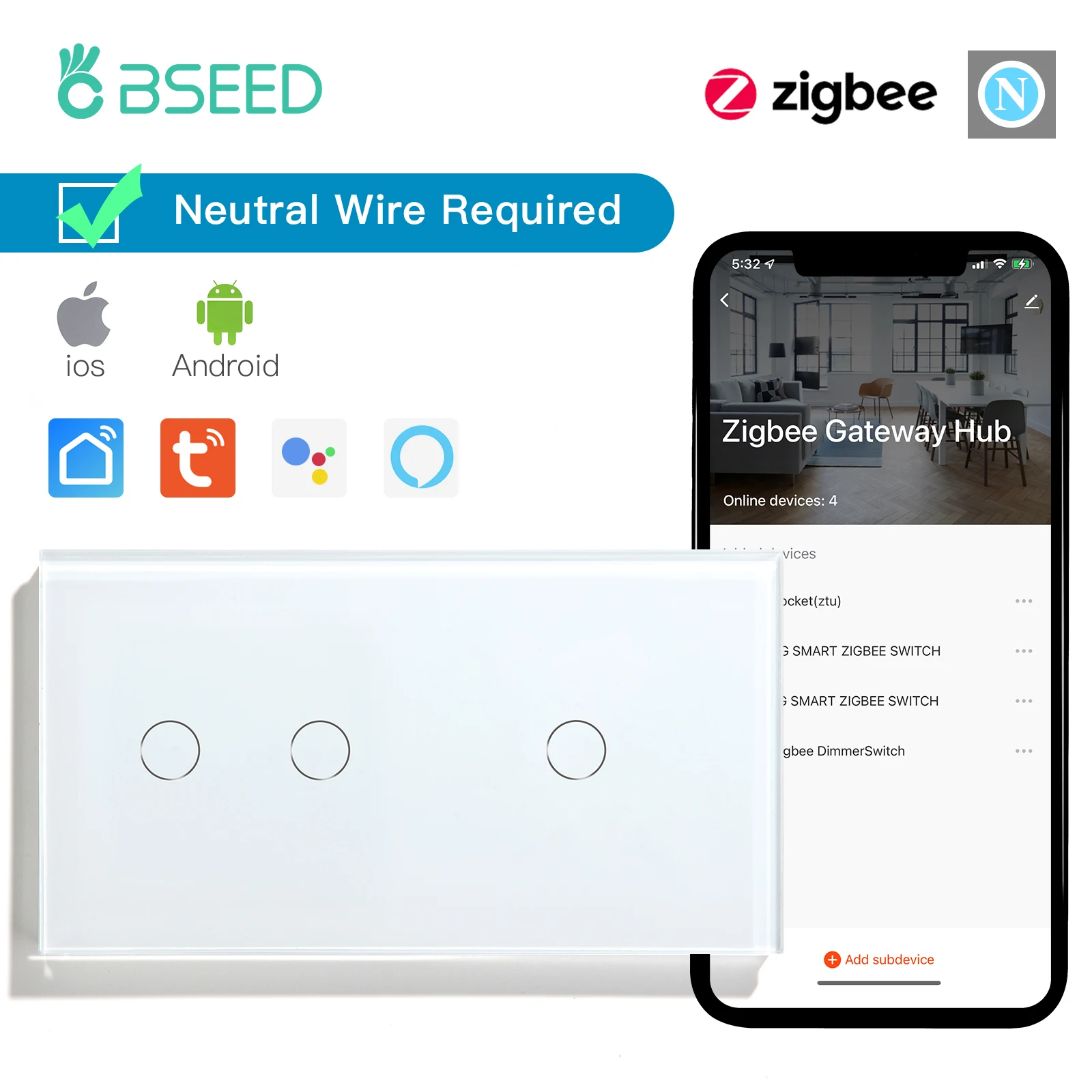 Bseed Zigbee 1/2/3 Light Switch 1/2/3 Way With EU Socket With USB and –  Bseedswitch