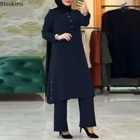 Chemisier arabe pour femmes musulmanes, ensembles assortis, survêtement élégant pour femmes, chemise unie décontractée + pantalon à jambes larges, costume, vêtements modestes 3