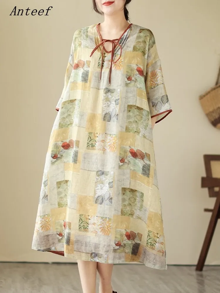

short sleeve oversized cotton linen vintage floral dresses for women casual loose long summer dress elegant clothing 2023