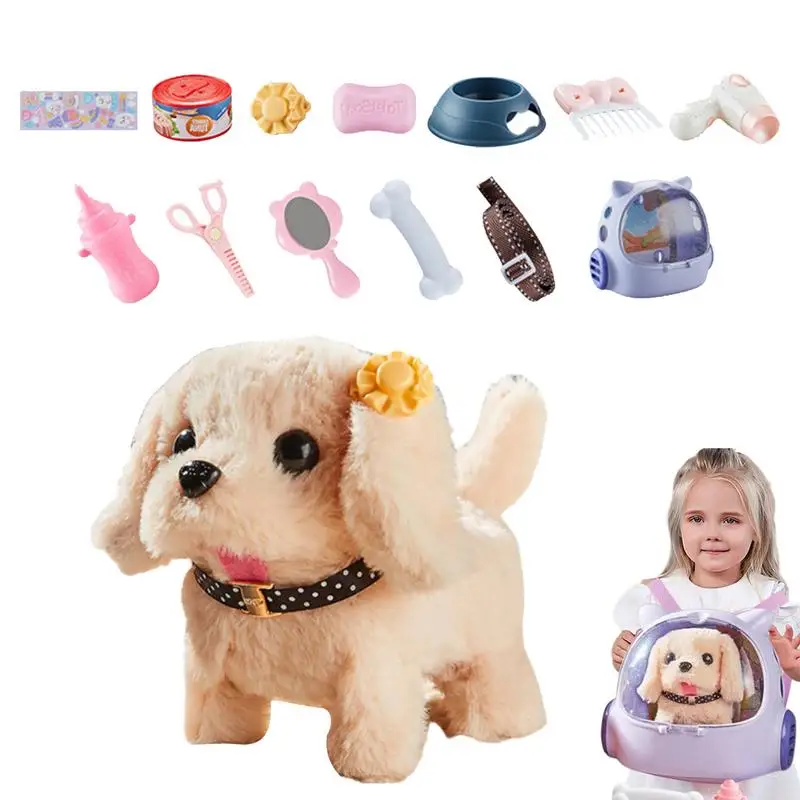Walking Puppy Toy Plush Cute Electronic Dog Toy With Pet Backpack Simulation Electric Plush Puppy With Feeding Deluxe Kit For