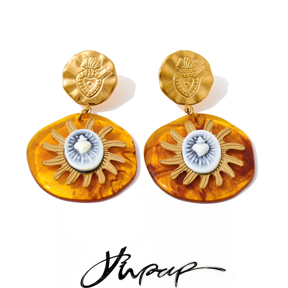 Yhpup Amber Resin Round Sun Pendant Drop Earrings