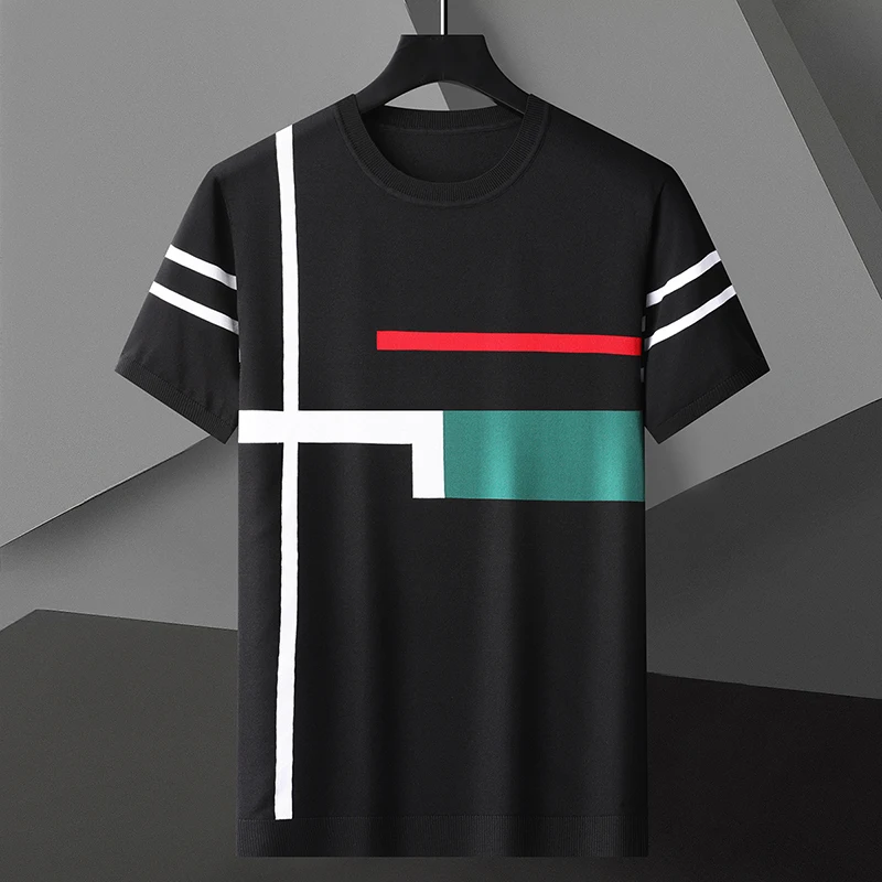 

New 2023 Summer Men Short Sleeve Tshirts Hip Hop Stripe Printed Cotton T-Shirt Streetwear Casual Loose Top Tees Harajuku Clothes