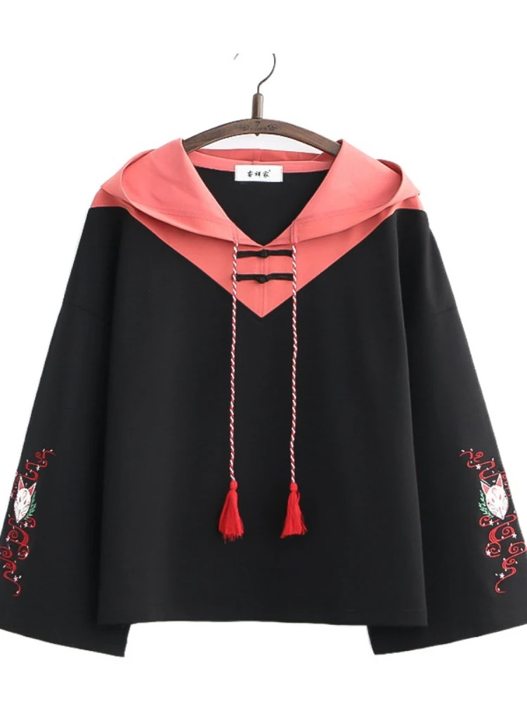 

Japanese Harakuju Embroidery Cotton Hooded Sweatshirt Women 2023 Summer New Vintage Hoodies Korean Female Basic Pullover Top