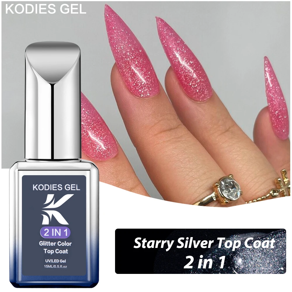 Kodies Gel Bling Argento Top Coat Gel Uv Smalto Per Unghie Semi Permanente Glitter Mix Sparkle Topcoat No Wipe Finish For Manicure Art