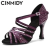 CINMIDY Latin Dance Shoes Woman Satin Rhinestones Soft Bottom Party Dance Shoes Salsa Dancing Shoes Ladies Wedding Sandals 7.5cm 1