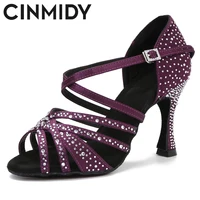 CINMIDY Latin Dance Shoes Woman Satin Rhinestones Soft Bottom Party Dance Shoes Salsa Dancing Shoes Ladies Wedding Sandals 7.5cm 1