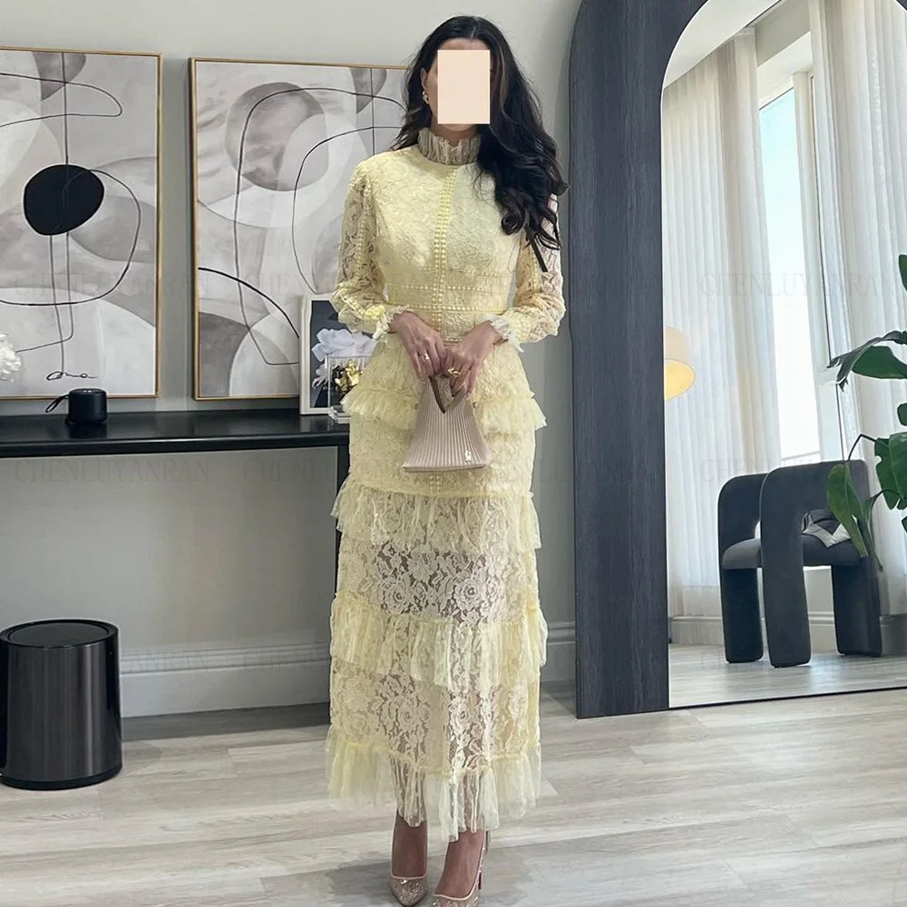 

Yellow Lace Formal Occasion Dresses 2024 Long Sleeves Mermaid Long Ball Gowns Ankle-Length Evening Party Gown فساتين الحفلات