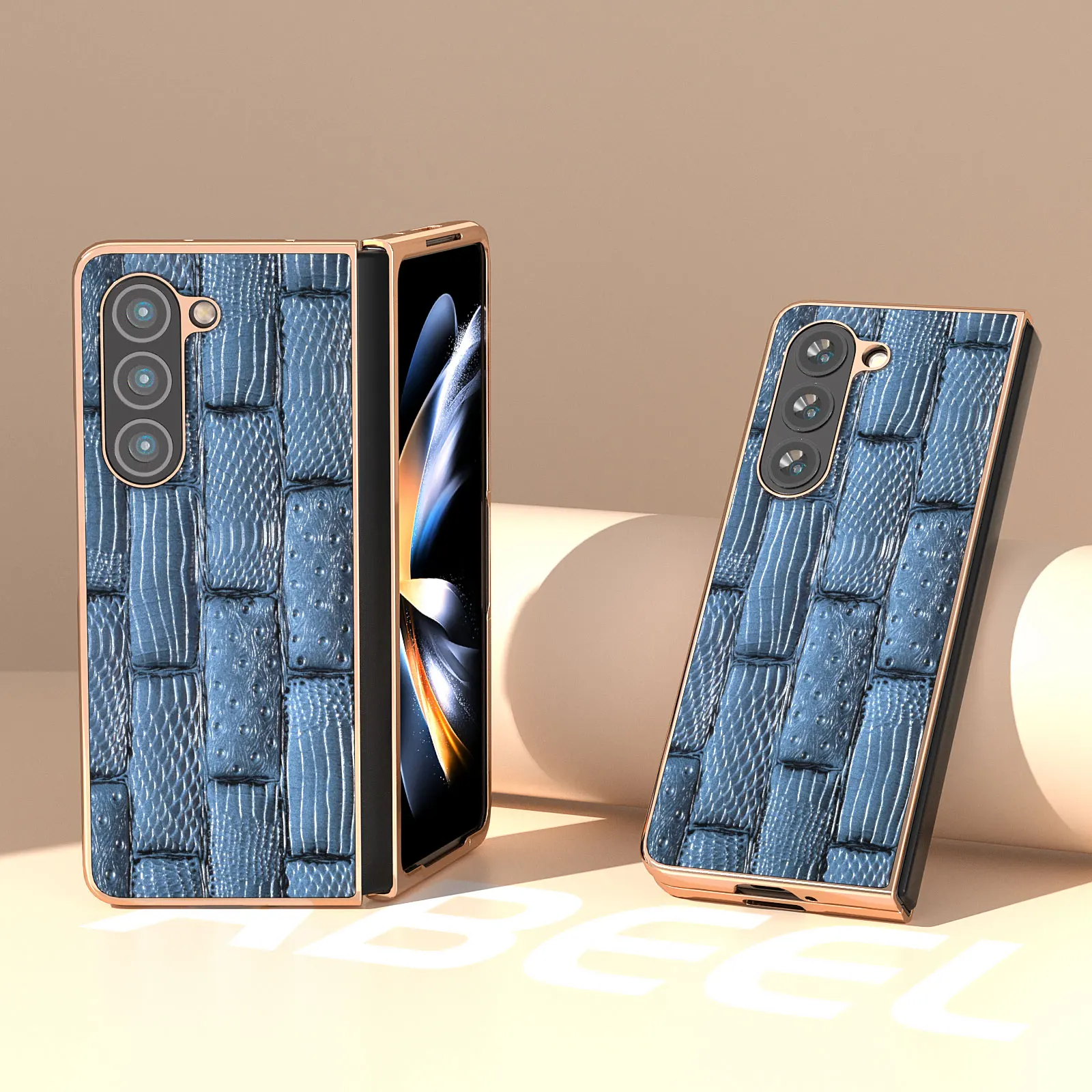 Genuine Leather Retro Case for Samsung Galaxy Z Fold 5 4 3 Fold5 Glossy Frame Vintage Crcodile Ostrich Splicing Grain BackCover