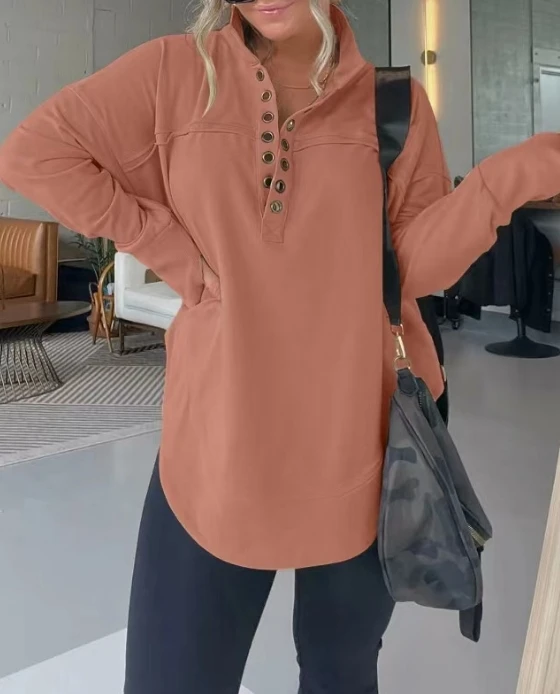 Women's Commuting Style Hoodies Long Sleeved Thickened Top 2024 Early Spring Latest Solid Color Standing Color Buttons Pullover