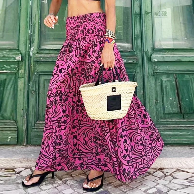 Women's Vintage Print A-Line High Waist Ruffles Long Skirt Summer Skirts Rose Red Casual 8657