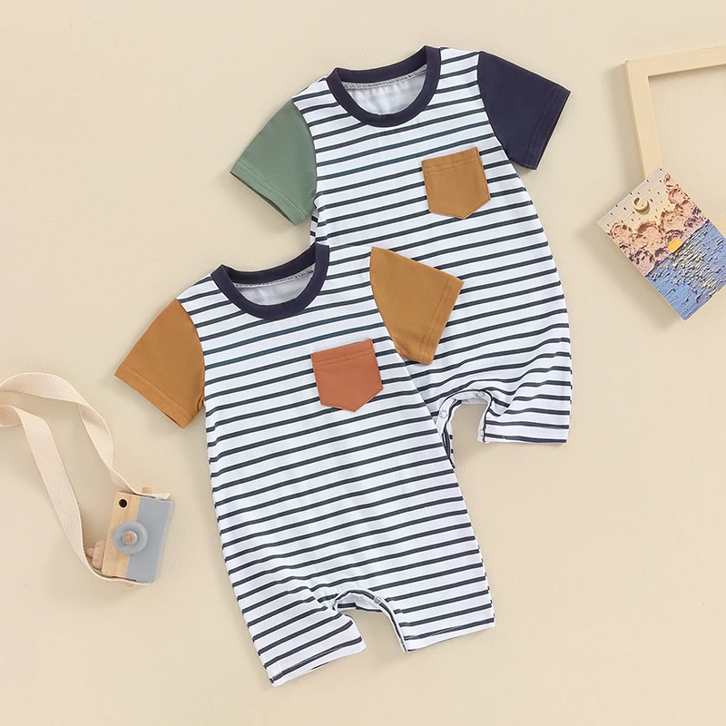 

Lioraitiin 0-18M Summer Newborn Baby Boys Girls Rompers Clothes Striped Print Pocket Patchwork Short Sleeve Jumpsuits Overalls