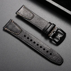 Vintage Brown Genuine Leather Watch Strap - Retro Rub Colour Calfskin with Quick Release - 22mm (Black - Black)