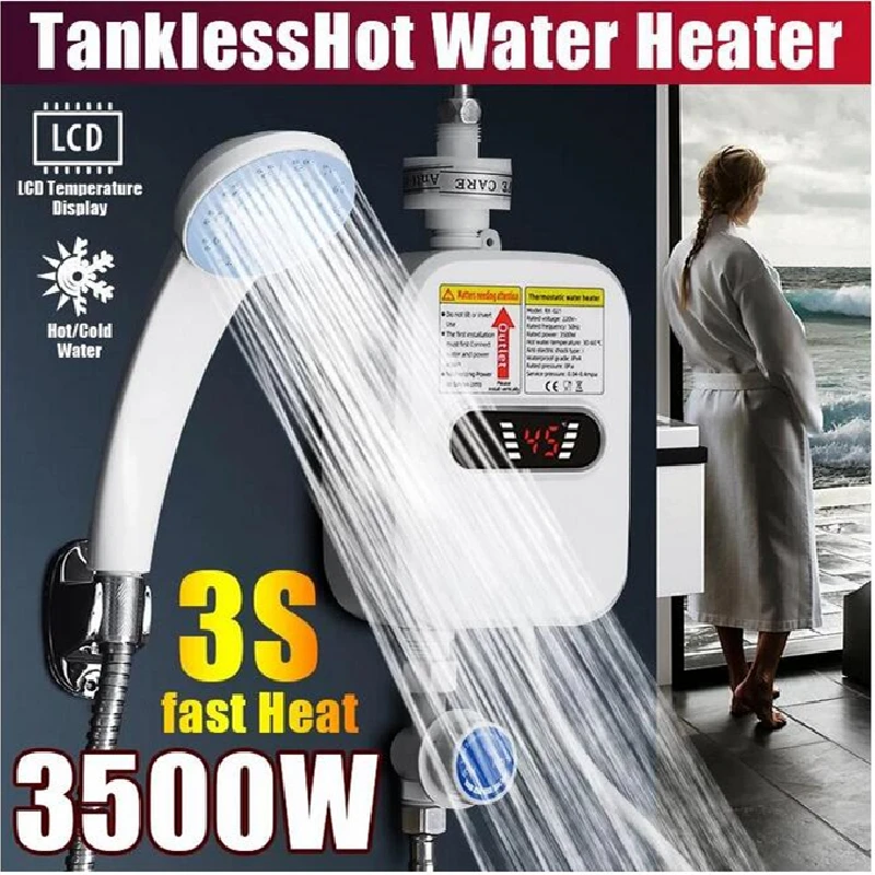 3500W Electric Tankless Water Heater Shower Head Set, Instant Hot Water  Heater LCD Display, White