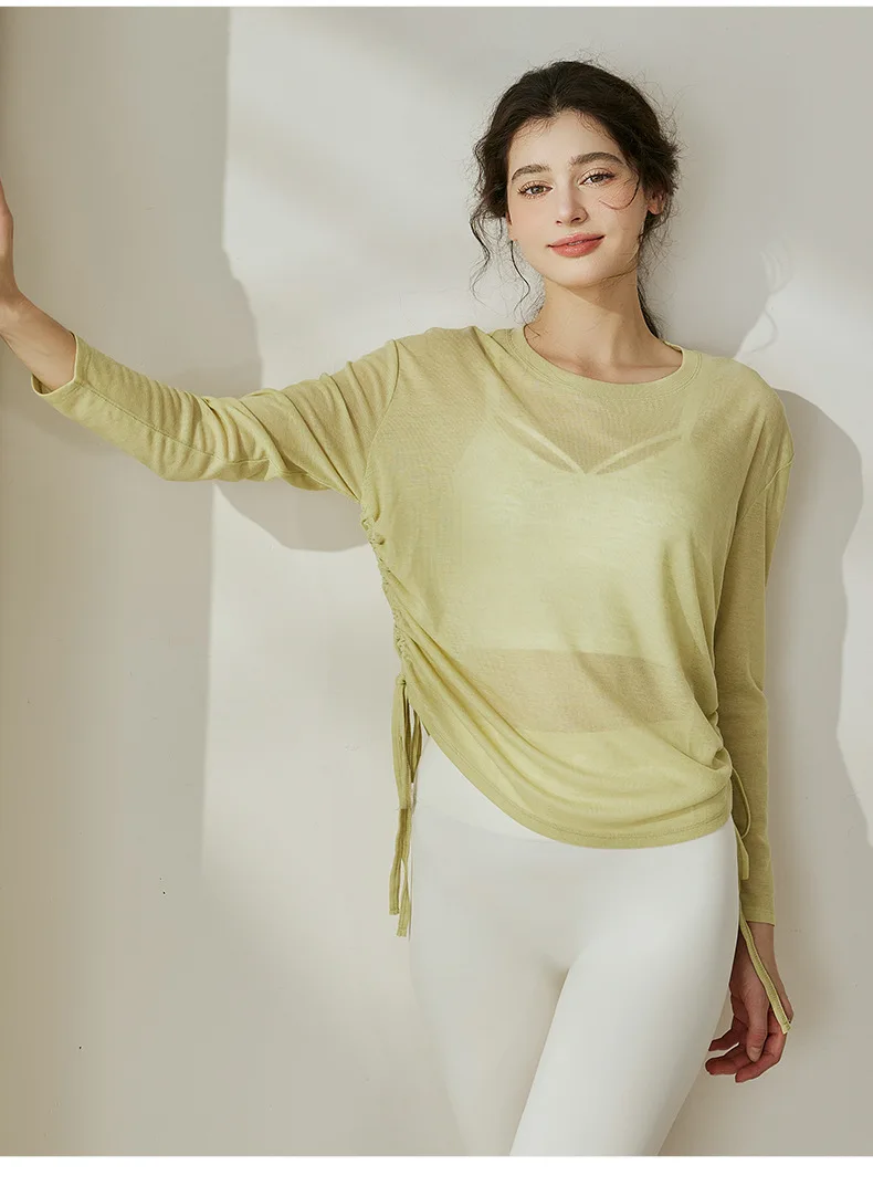 Light Weight Women Long Sleeve Pleated Drawstring Loose Blouse Sports Casual Gym Fitness T-shirts Breathable Comfortable Tops