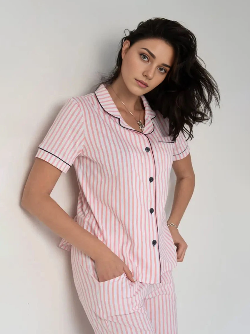 Marthaqiqi Striped Women Nightgowns Set Short Sleeve Sleepwear Sexy Turn-Down Collar Pajama Pants Comfort Nightwear 2 Piece Suit