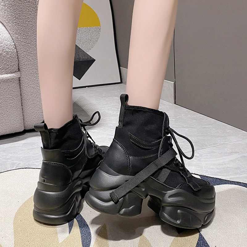 여성용 캔버스 가죽 앵클 부츠, 두꺼운 바닥 플랫폼, 컴뱃 숏 부츠, 청키 힐, 오토바이 스니커즈, 가을, 7.5cm