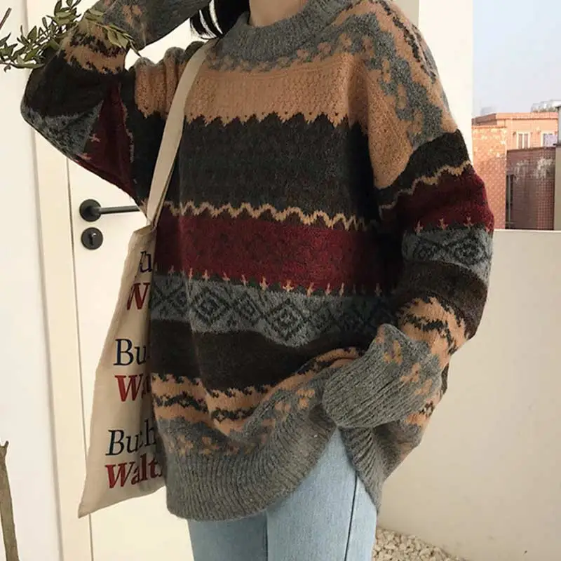 

Vintage Sweaters Women Pullover Winter Striped Jumpers Korean Style Loose Pullover Knitwear Casual Loose Sweater Pull Femme