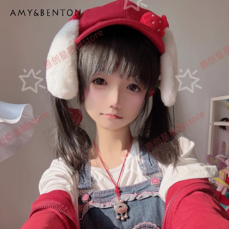 Original Sweet Girl Octagonal Hat Rabbit Ears Strawberry Red Newsboy Caps Cute Subculture Japanese Style Kawaii Beret Women