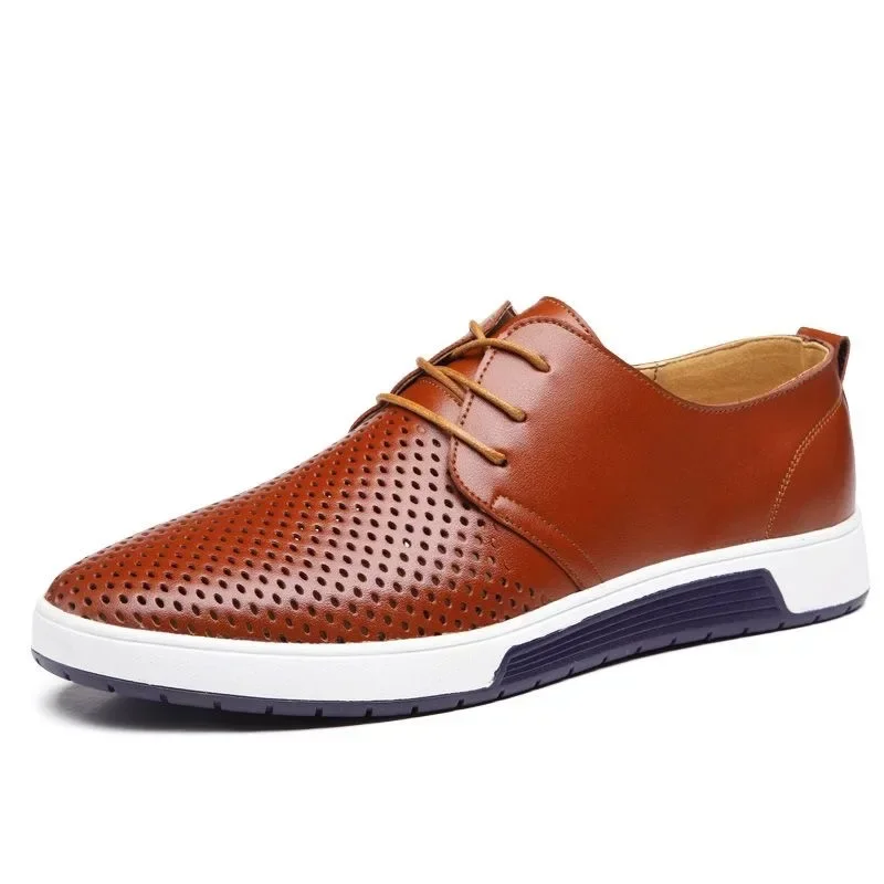 Fashion Hollow Loafers for Men Summer Mesh Breathable Flat Shoes Men's Driving Shoes Lace Up Classic Business Leather Shoes 2024 2