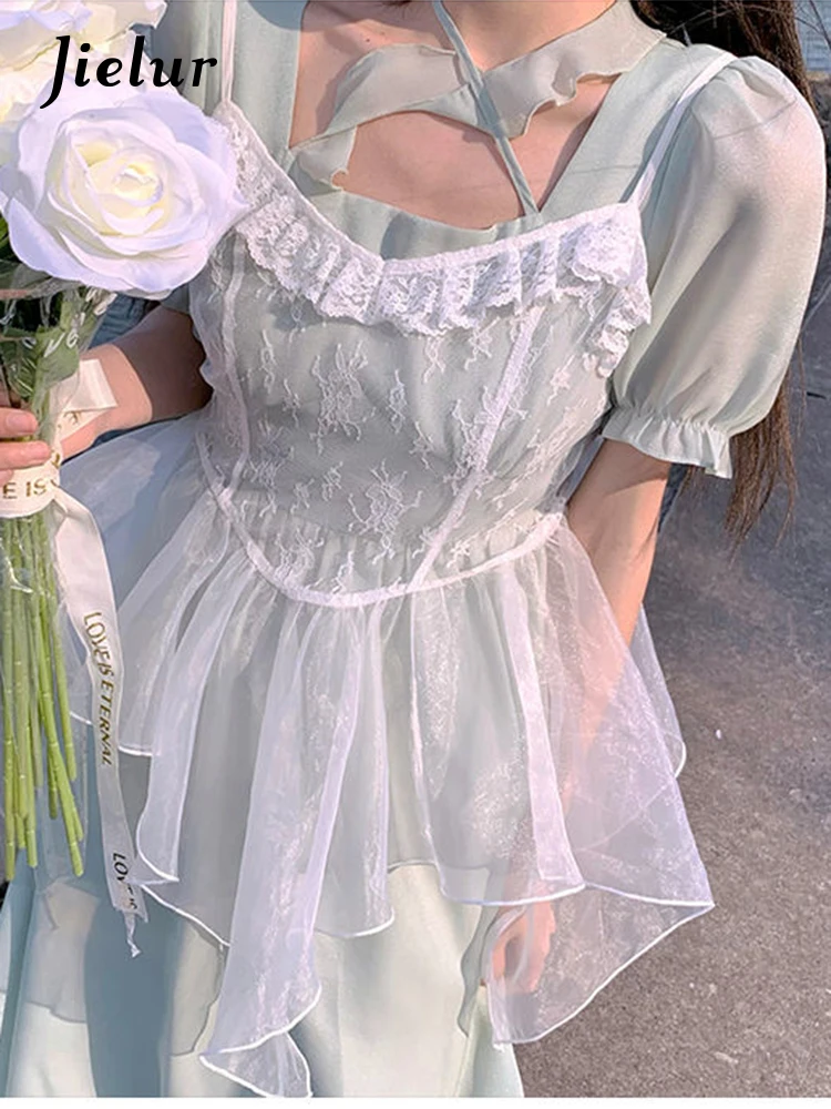 

Jielur 2022 Summer Fashion Dress Set Women Casual Lace Blouse + Y2K Mini Dress Party Female Elegant Vintage Dress Office Lady