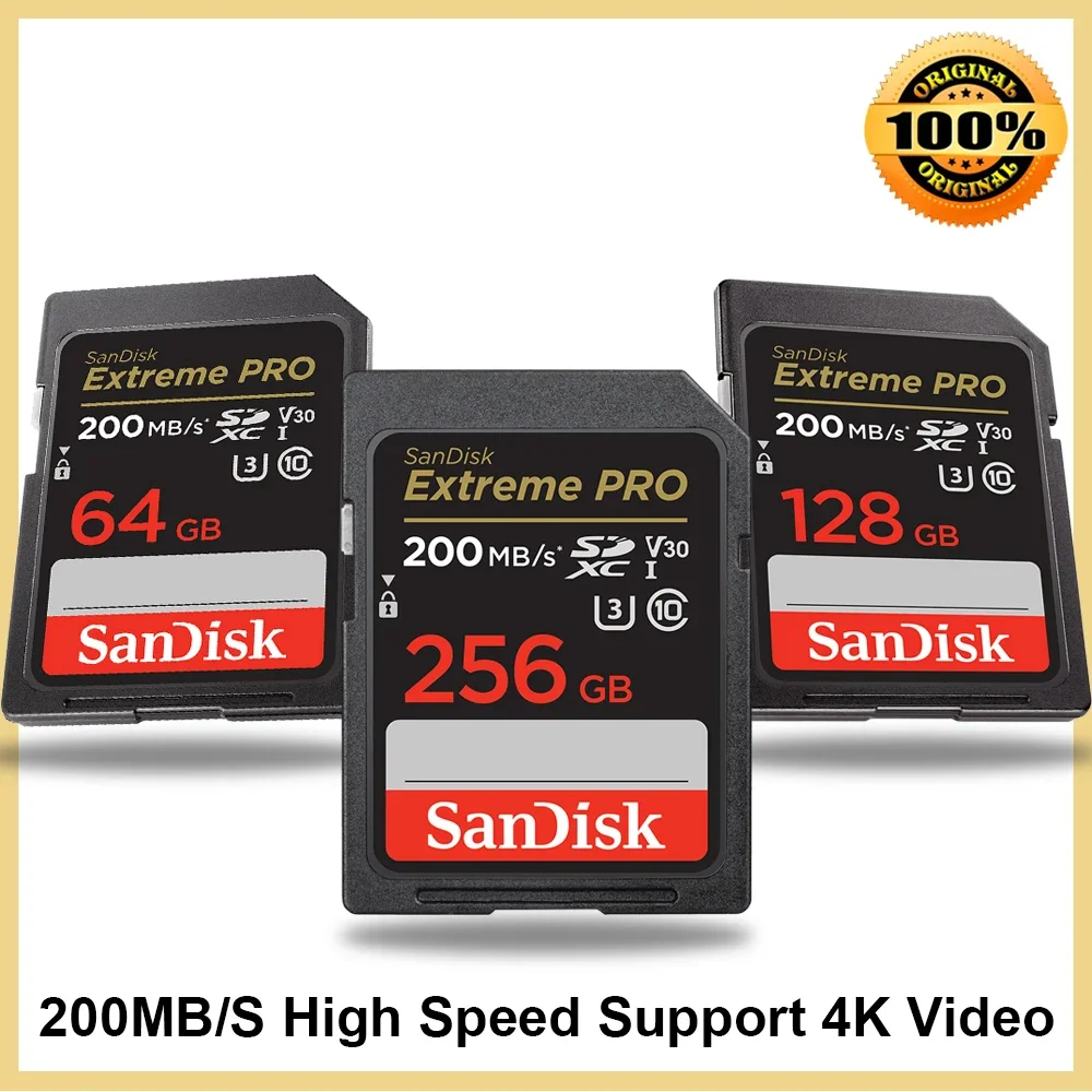 SanDisk Extreme PRO SD 카드 UHS-I SDHC SDXC 4k 비디오 읽기, 최대 200 MB/s U3 C10 V30 메모리 카드, 카메라용 512G 256G 128G 64G 32G
