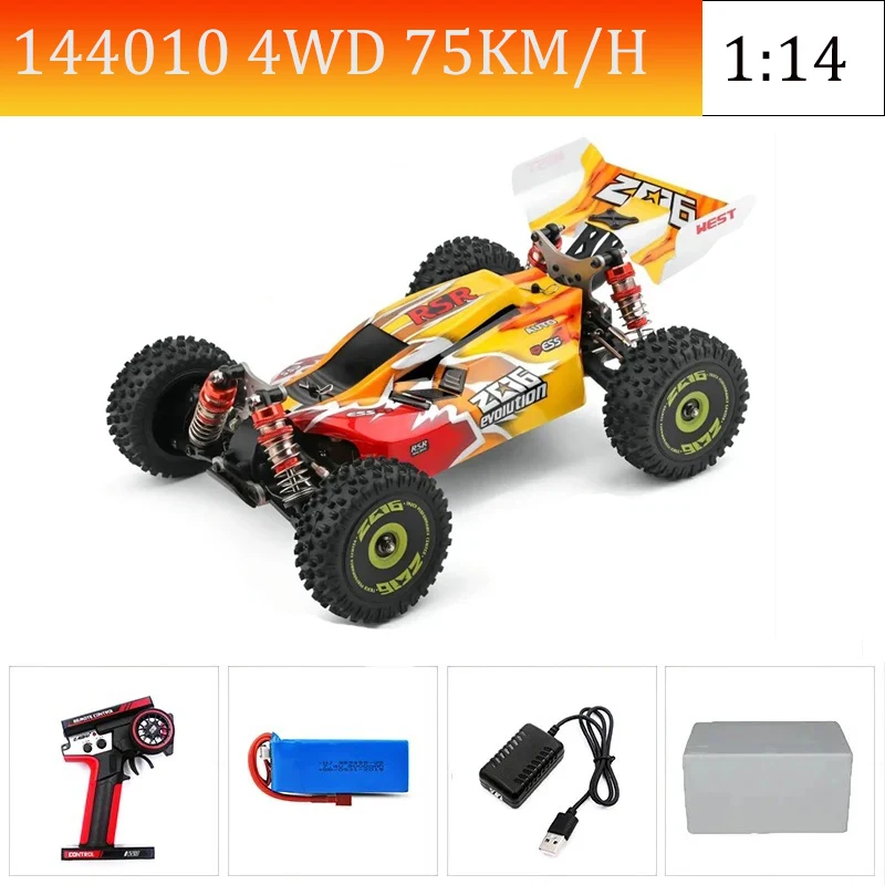 Voiture RC tout-terrain 4x4 jaune vue de côté, prête pour l'aventure avec ses pneus crantés.