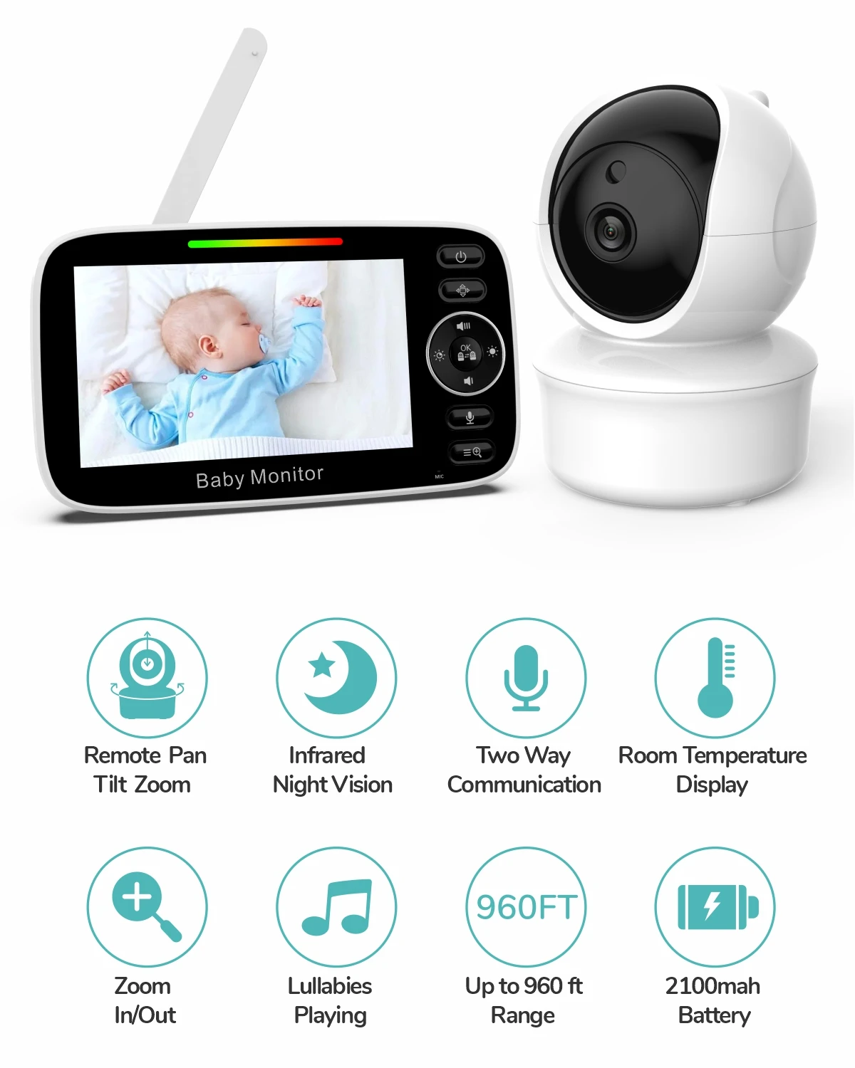 Video Baby Monitor With PTZ Nanny Camera 5IPS Screen 5000mAh Battery  Babyphone Night Vision 2-way Audio Card Slot Babe Monitors