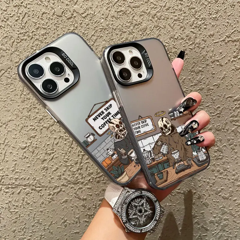 Kaffeehaus-Skelett-Cartoon-Handyhülle für iPhone 17 15 14 13 12 11 Mini Pro Max 16 Pro Max Plus 15 Plus Stoßfeste Laser-Cover – Detail 5
