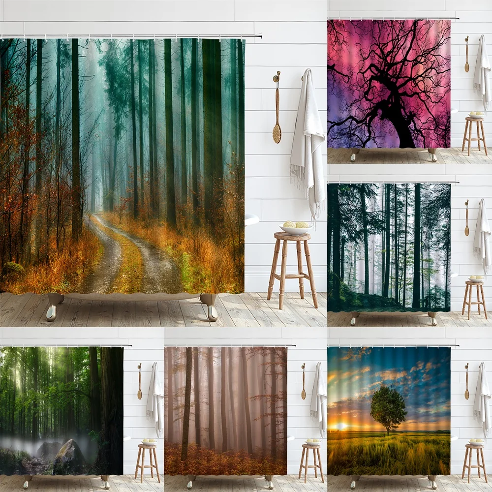 

Forest Shower Curtain Pathway Autumn Road Fall Rural Scenery Woodland Fog Trees Fabric Bathroom Decor Hanging Screen With Hooks