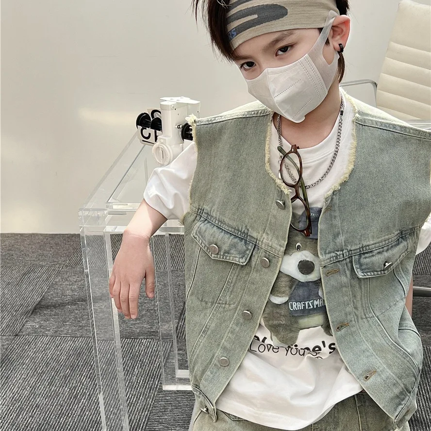 어린이 조끼 2026 봄 신상 데님 아메리칸 레트로 및 웨스턴 스타일 조끼 캐주얼..