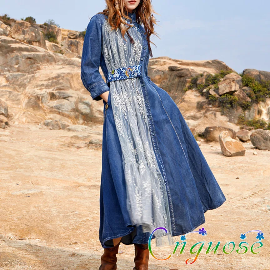 

2022 Female Spring Summer New Retro Casual Elegant Asymmetric Lace Stitching Embroidery Maxi Long Jeans Denim Women Dress