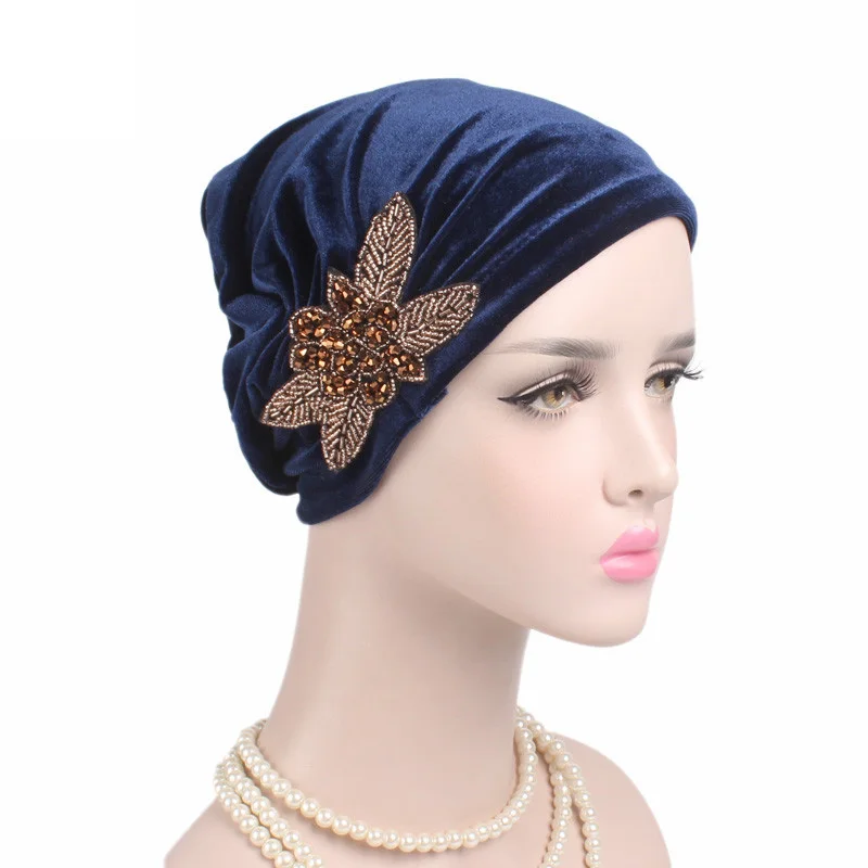 New Women's Elegant Velvet turban beanie with beaded flower Hat Bonnet Cancer Chemo CapMuslim Under Hijab Cap Ladies Bandanas 3