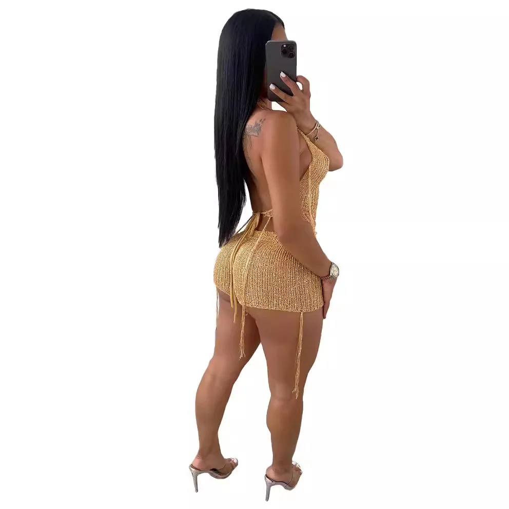 European and American foreign trade women's clothing Amazon sexy shaping cross-border sexy hollow out sequin three piece set