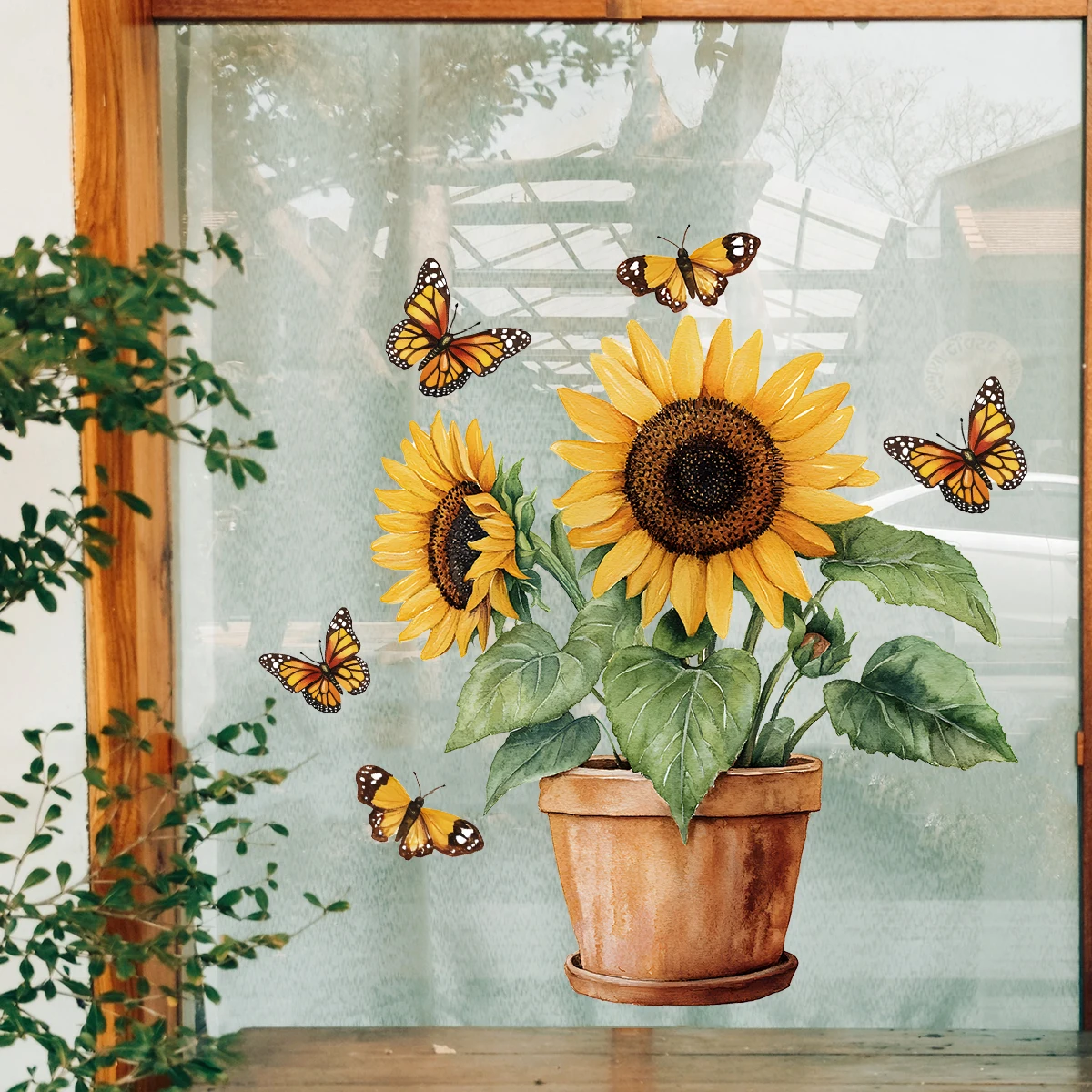 1PC Sunflowers potted plants butterflies shop window stickers living room bedroom home decoration glass windows wall sti