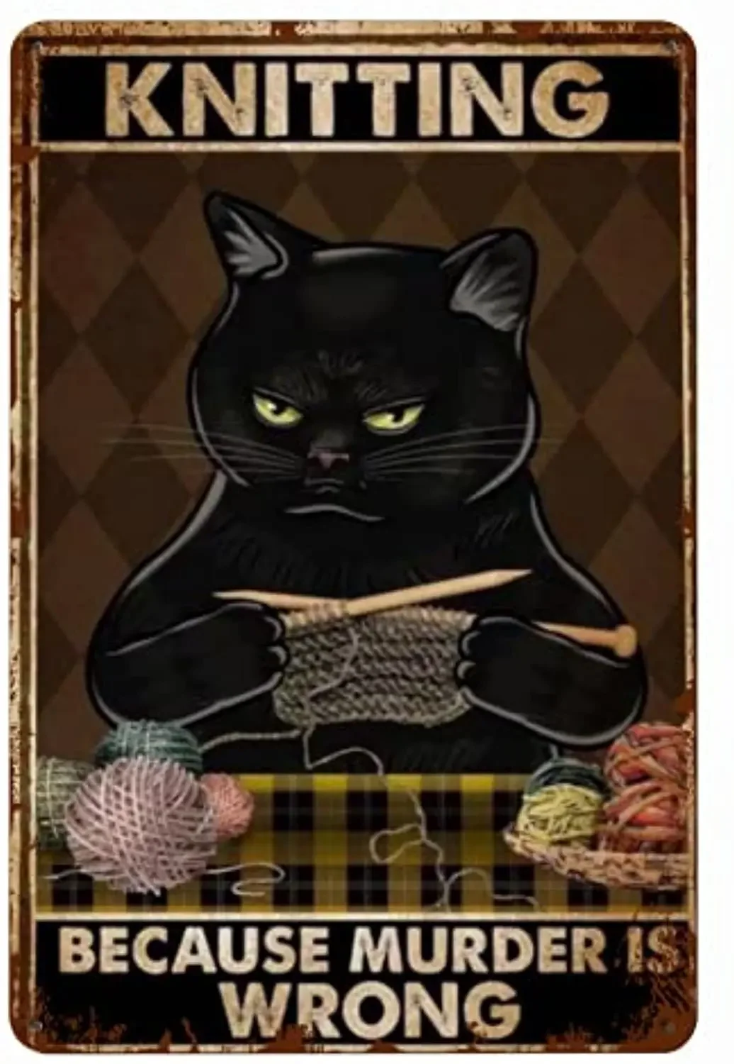 

Black Cat Knitting Because Murder Is Wrong Metal Tin Signs Wall Decor, Vintage Tin Sign Wall Art Plaque Decoration Mural Funny