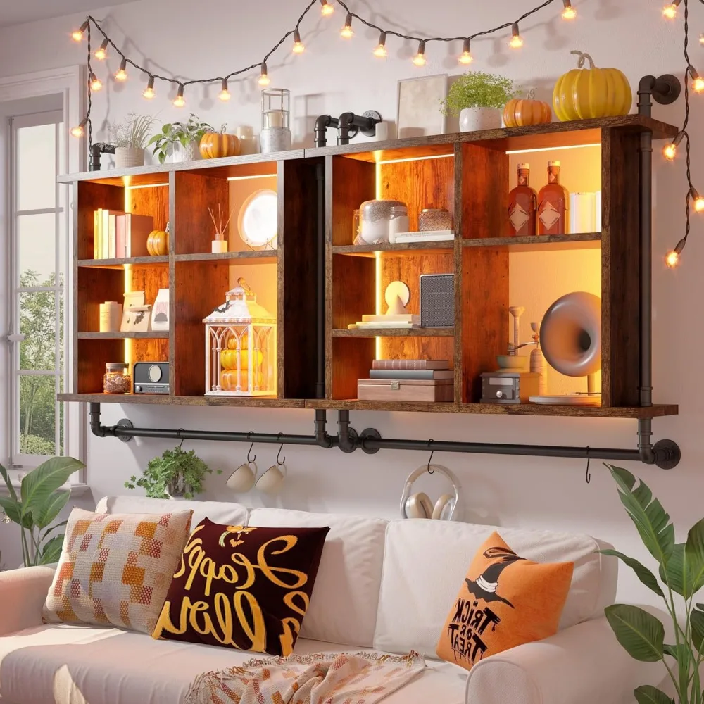 37" Floating Shelves for Wall with Led Wall Shelves for Kitchen Storage Pipe Shelving with 8 S-Hook Wood Wall Mounted Shelves 3