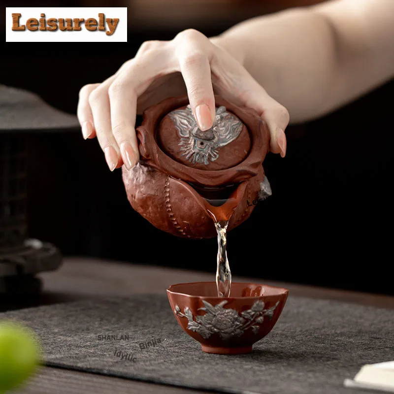 190ml Drawing Silver Auspicious Dragon Hand Grab Teapot Aesthetic Tea Infuser Pot Tea Brewing Kettle With Strainer Tea Services