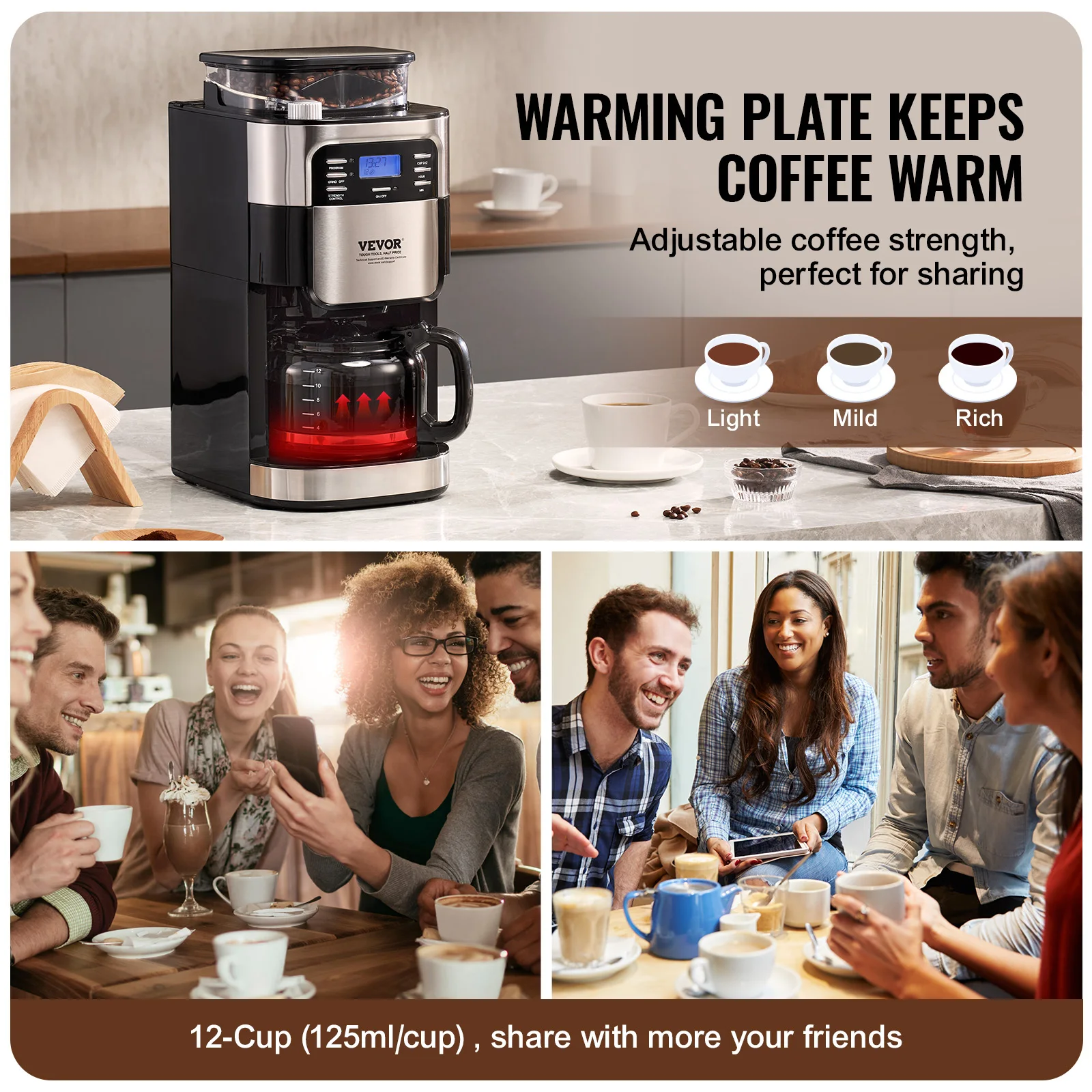 VEVOR Coffee Maker with Grinder, 12 Cup Grind and Brew Coffee Maker with 3 Brew Strength Control, 24-Hour Timer for Auto Brew 5