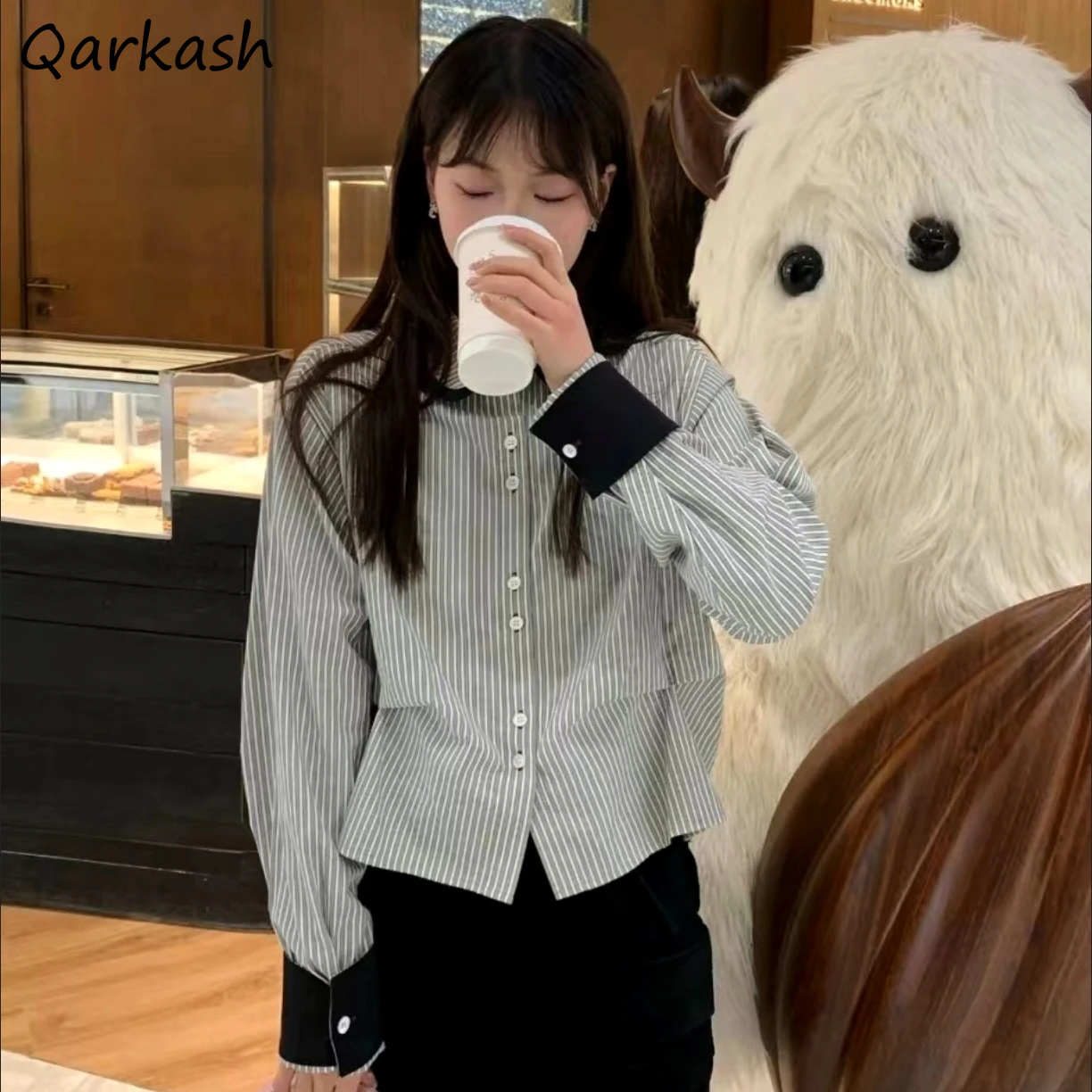 

Panelled Striped Shirts Women Peter Pan Collar Retro Loose Design Pleated Slender Long Sleeve Outerwear Spring Autumn Sweet Ins
