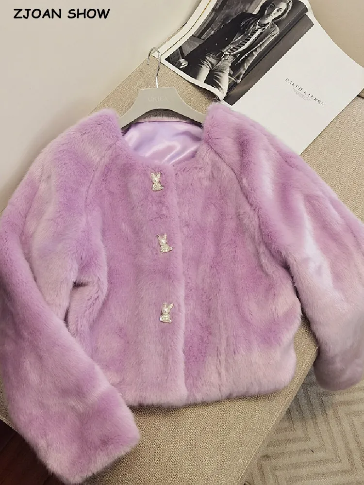 Winter Purple O neck Hairy Shaggy Faux Fox Fur Jackets Rabbit Pearl