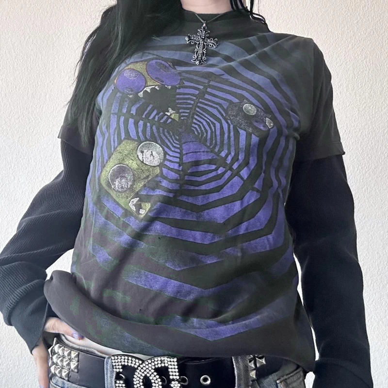 Y2K Fairy Cyber Grunge T-Shirts for Women Vintage Skull Graphic Print Long Sleeve Tees 90s E-Girls Gothic Emo Tops Clothes